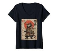 Donna Samurai Cat Giappone Woodblock Warrior Vintage Chibi Art Maglietta con Collo a V