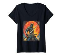 Donna Samurai Cat Giapponese Sumi-e Art Kawaii Divertente novità Maglietta con Collo a V