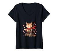 Donna Samurai Cat Heart Love Cute Japanese Valentine’s Day Maglietta con Collo a V