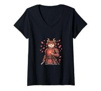 Donna Samurai Cat Heart Love Cute Japanese Valentine’s Day Maglietta con Collo a V