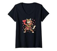 Donna Samurai Cat Heart Love Cute Japanese Valentine’s Day Maglietta con Collo a V