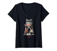 Donna Samurai Cat Kimono Pesce Giapponese Minimal Tranquillo Zen Maglietta con Collo a V