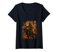 Donna Samurai Cat Riding Dinosaur Giapponese Gatto Nero Kanji Maglietta con Collo a V