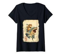 Donna Samurai Cat Shirt - Retro Ninja Japanese Cat Shark Kanagawa Maglietta con Collo a V
