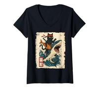 Donna Samurai Cat Shirt - Retro Ninja Japanese Cat Shark Kanagawa Maglietta con Collo a V