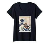 Donna Samurai Cat Surf La Grande Onda off Kanagawa Ukiyo-e Art Maglietta con Collo a V