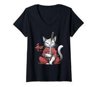 Donna Samurai Cat Vintage Ukiyo-e Warrior Kanji Giappone Anime Ink Maglietta con Collo a V