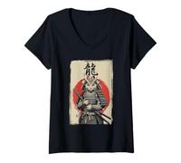 Donna Samurai Cat Vintage Ukiyo-e Warrior Kanji Giappone Anime Ink Maglietta con Collo a V