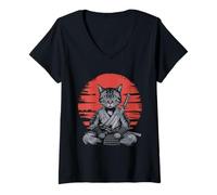 Donna Samurai Cat Vintage Ukiyo-e Warrior Kanji Giappone Anime Ink Maglietta con Collo a V