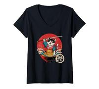 Donna Samurai Cat Vintage Ukiyo-e Warrior Kanji Giappone Anime Ink Maglietta con Collo a V