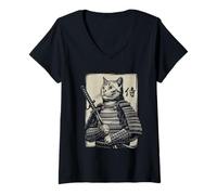 Donna Samurai Cat Vintage Ukiyo-e Warrior Kanji Giappone Anime Ink Maglietta con Collo a V