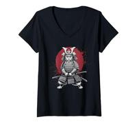 Donna Samurai Cat Vintage Ukiyo-e Warrior Kanji Giappone Anime Ink Maglietta con Collo a V