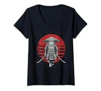 Donna Samurai Cat Vintage Ukiyo-e Warrior Kanji Giappone Anime Ink Maglietta con Collo a V