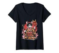 Donna Samurai Cat Vintage Ukiyo-e Warrior Kanji Giappone Anime Ink Maglietta con Collo a V