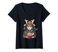 Donna Samurai Cat Vintage Ukiyo-e Warrior Kanji Giappone Anime Ink Maglietta con Collo a V