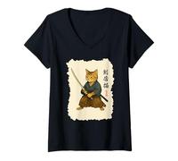 Donna Samurai Cat Warrior Arte Giapponese Feline Katana Lettere Ninja Maglietta con Collo a V