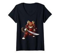 Donna Samurai Cat Warrior Giapponese Armatura Anime Katana Maglietta con Collo a V
