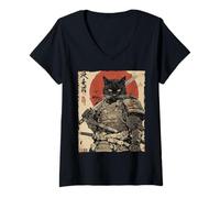 Donna Samurai Cat Warrior Ink Opera d'Arte Kawaii Anime Cat Samurai Maglietta con Collo a V