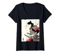 Donna Samurai Cat Warrior Ink Opera d'Arte Kawaii Anime Cat Samurai Maglietta con Collo a V