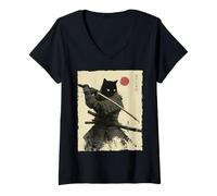 Donna Samurai Cat Warrior Ink Opera d'Arte Kawaii Anime Cat Samurai Maglietta con Collo a V