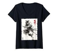 Donna Samurai Cat Warrior Ink Opera d'Arte Kawaii Anime Cat Samurai Maglietta con Collo a V
