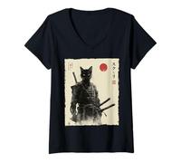 Donna Samurai Cat Warrior Ink Opera d'Arte Kawaii Anime Cat Samurai Maglietta con Collo a V