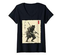 Donna Samurai Cat Warrior Ink Opera d'Arte Kawaii Anime Cat Samurai Maglietta con Collo a V