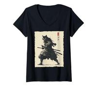 Donna Samurai Cat Warrior Ink Opera d'Arte Kawaii Anime Cat Samurai Maglietta con Collo a V