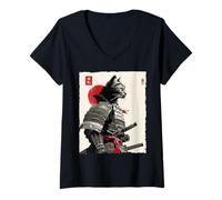 Donna Samurai Cat Warrior Ink Opera d'Arte Kawaii Anime Cat Samurai Maglietta con Collo a V