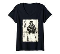 Donna Samurai Cat Warrior Japanese Art Feline Katana Maglietta con Collo a V