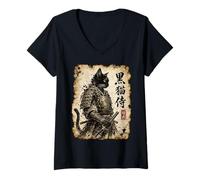Donna Samurai Cat Warrior Kuroneko Japanese Kanji Art Maglietta con Collo a V