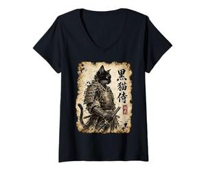 Donna Samurai Cat Warrior Kuroneko Japanese Kanji Art Maglietta con Collo a V