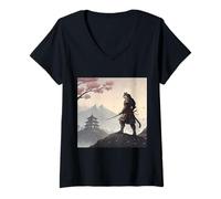 Donna Samurai Cat Warrior Sotto Cherry Blossom Sky Maglietta con Collo a V