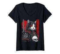 Donna Samurai Cat Warrior Ukiyo Ink Artwork Soldato Cat Samurai Maglietta con Collo a V