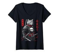 Donna Samurai Cat Warrior Ukiyo Ink Artwork Soldato Cat Samurai Maglietta con Collo a V