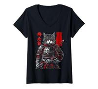 Donna Samurai Cat Warrior Ukiyo Ink Artwork Soldato Cat Samurai Maglietta con Collo a V