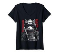 Donna Samurai Cat Warrior Ukiyo Ink Artwork Soldato Cat Samurai Maglietta con Collo a V