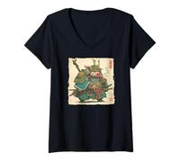 Donna Samurai Cinghiale Arte Giapponese Vintage Guerriero Maiale Zodiaco Regalo Maglietta con Collo a V