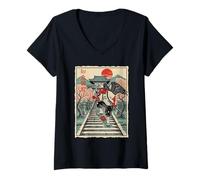 Donna Samurai Corvo Skateboarding Tempio Arte Giapponese Oni Maglietta con Collo a V
