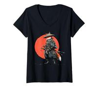 Donna Samurai Fox Guerriero Giapponese Ukiyo-e Style Tramonto Maglietta con Collo a V
