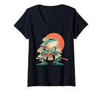 Donna Samurai Frog Guerriero Giapponese Ukiyo-e Style Tramonto Maglietta con Collo a V