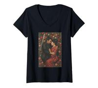 Donna Samurai giapponese Love Story con rose e Katana Maglietta con Collo a V