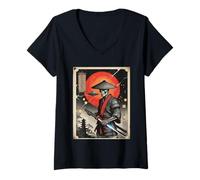 Donna Samurai Giapponese Scheletro Alieno UFO Vintage Ukiyo-e Art Maglietta con Collo a V