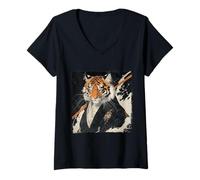Donna Samurai giapponese Tiger Ukiyo-e Warrior Art Giappone Vintage Maglietta con Collo a V
