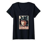Donna Samurai Giapponese Ukiyo-e Anime Retro Giappone Bushido Souvenir Maglietta con Collo a V