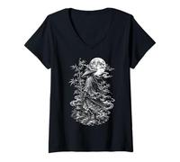 Donna Samurai Giapponesi Ronin in Stile Irezumi in Bianco e Nero Maglietta con Collo a V