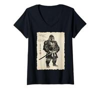 Donna Samurai Gorilla Warrior Inchiostro Cool Arte Giapponese Maglietta con Collo a V