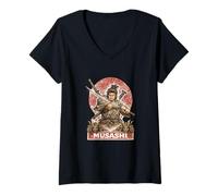 Donna Samurai Guerriero Musashi, Giapponese Sword Fighter Maglietta con Collo a V