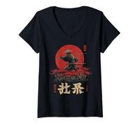Donna Samurai Guerriero Rosso Ragno Giglio Fiore Anime Otaku Giapponese Maglietta con Collo a V