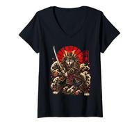 Donna Samurai Lupo Guerriero Giapponese Katana Art Maglietta con Collo a V